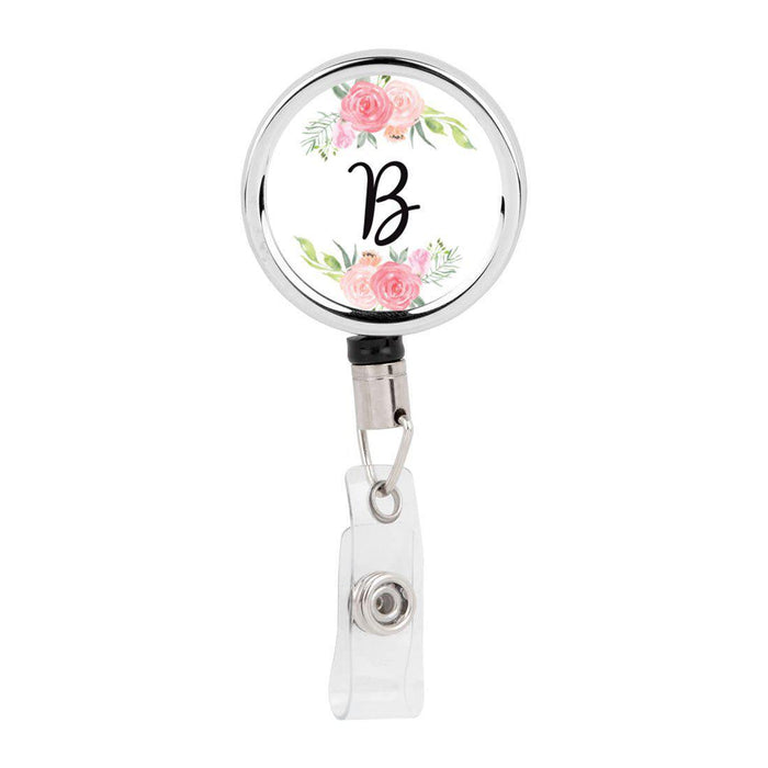Retractable Badge Reel Holder With Clip, Monogram Blush Pink And Cream Flowers-Set of 1-Andaz Press-B-