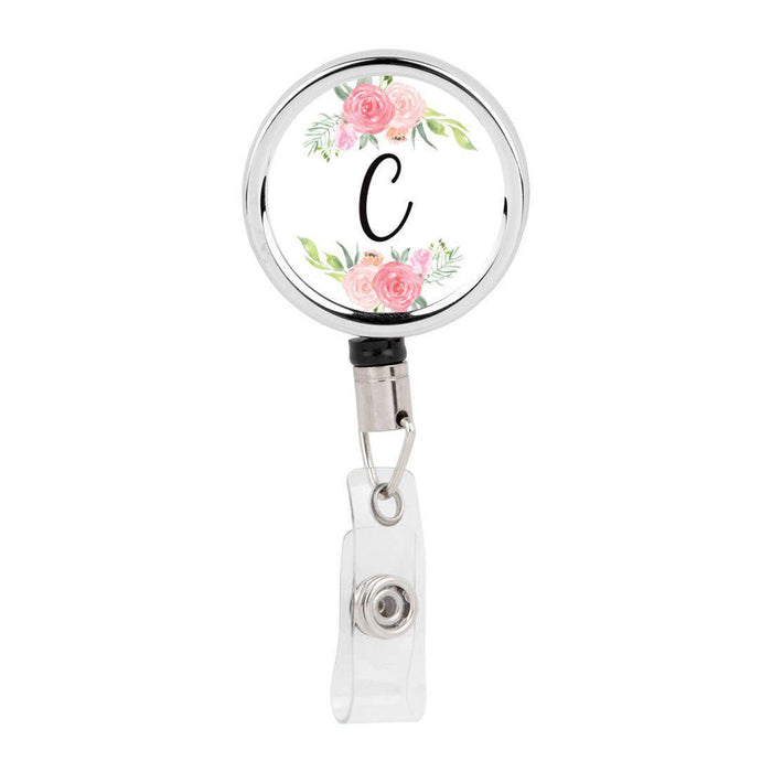 Retractable Badge Reel Holder With Clip, Monogram Blush Pink And Cream Flowers-Set of 1-Andaz Press-C-