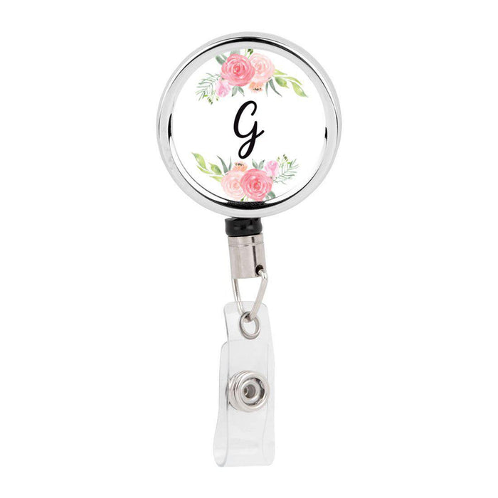 Retractable Badge Reel Holder With Clip, Monogram Blush Pink And Cream Flowers-Set of 1-Andaz Press-G-