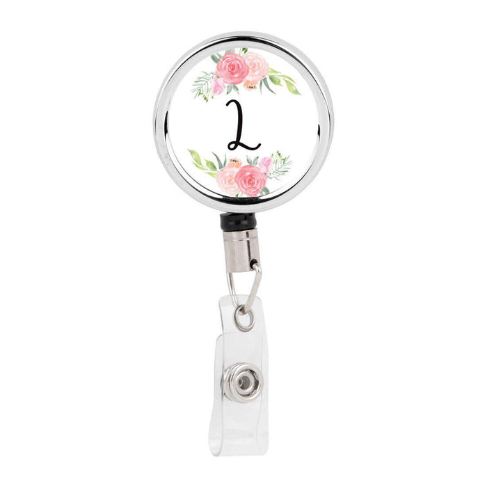 Retractable Badge Reel Holder With Clip, Monogram Blush Pink And Cream Flowers-Set of 1-Andaz Press-L-