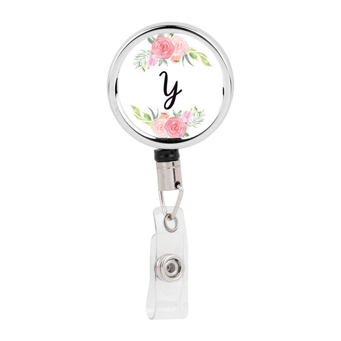 Retractable Badge Reel Holder With Clip, Monogram Blush Pink And Cream Flowers-Set of 1-Andaz Press-Y-