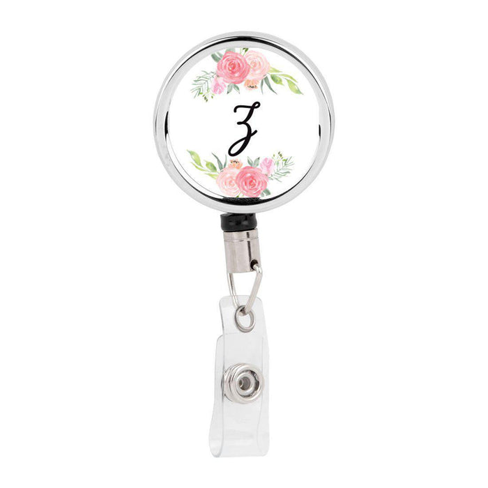 Retractable Badge Reel Holder With Clip, Monogram Blush Pink And Cream Flowers-Set of 1-Andaz Press-Z-