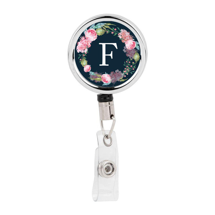 Retractable Badge Reel Holder With Clip, Monogram Blush Pink Peonies Flowers-Set of 1-Andaz Press-F-