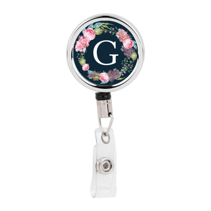 Retractable Badge Reel Holder With Clip, Monogram Blush Pink Peonies Flowers-Set of 1-Andaz Press-G-