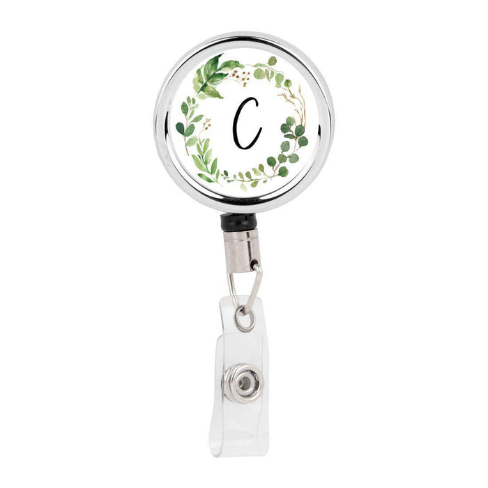 Retractable Badge Reel Holder With Clip, Monogram Eucalyptus Greenery-Set of 1-Andaz Press-C-