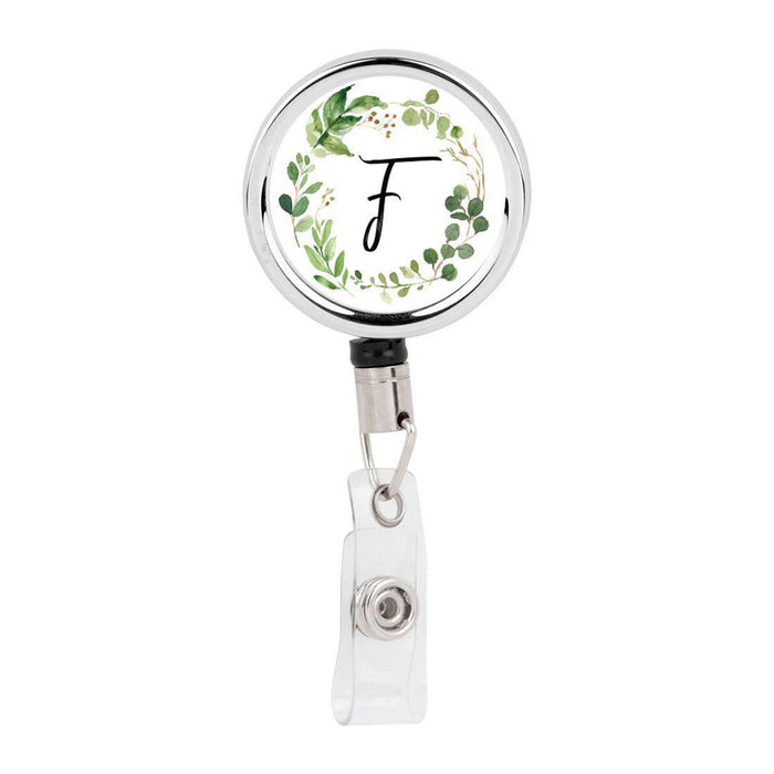 Retractable Badge Reel Holder With Clip, Monogram Eucalyptus Greenery-Set of 1-Andaz Press-F-