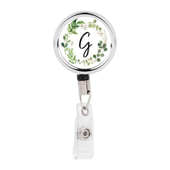 Retractable Badge Reel Holder With Clip, Monogram Eucalyptus Greenery-Set of 1-Andaz Press-G-
