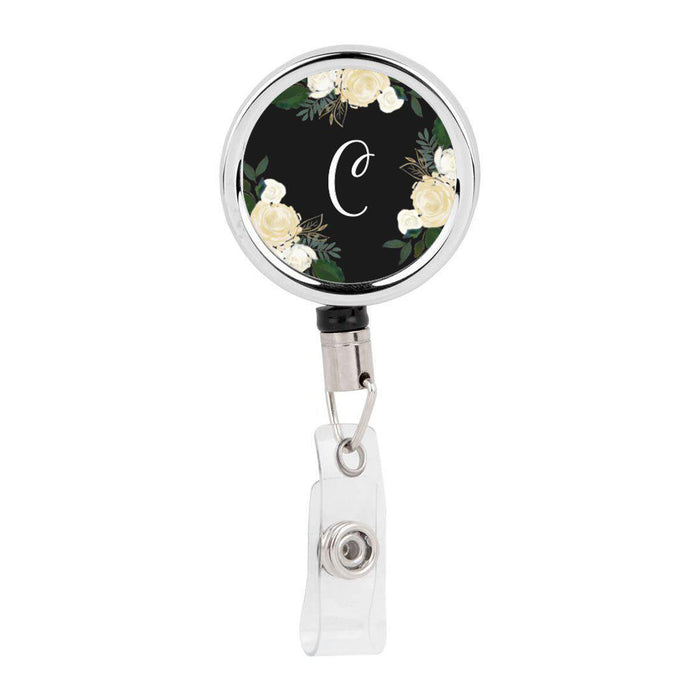 Retractable Badge Reel Holder With Clip, Monogram Ivory Cream Roses Floral-Set of 1-Andaz Press-C-