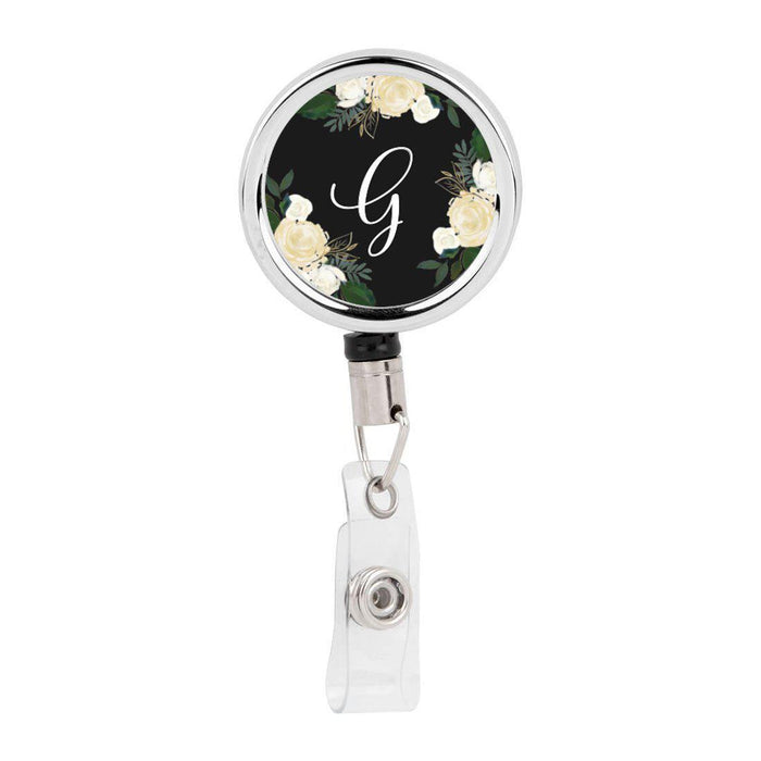 Retractable Badge Reel Holder With Clip, Monogram Ivory Cream Roses Floral-Set of 1-Andaz Press-G-