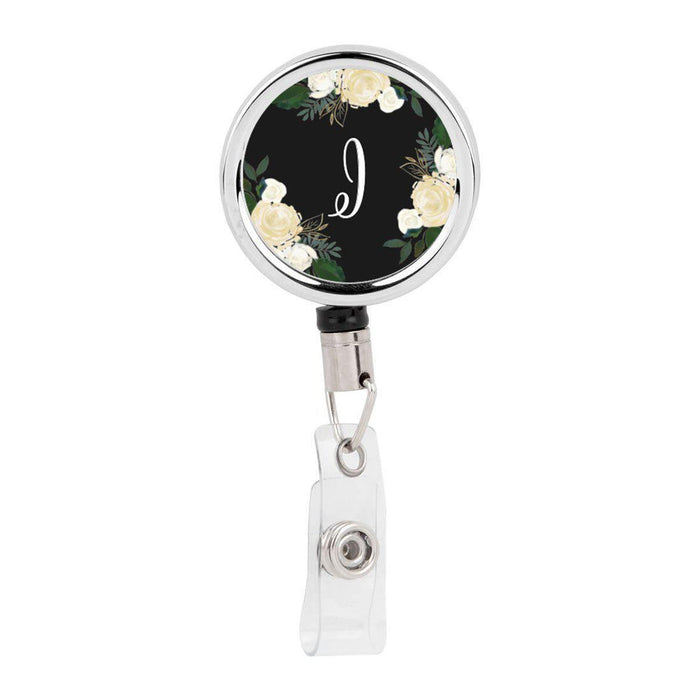 Retractable Badge Reel Holder With Clip, Monogram Ivory Cream Roses Floral-Set of 1-Andaz Press-I-