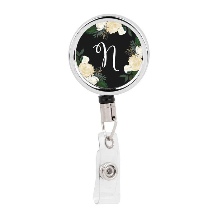 Retractable Badge Reel Holder With Clip, Monogram Ivory Cream Roses Floral-Set of 1-Andaz Press-N-