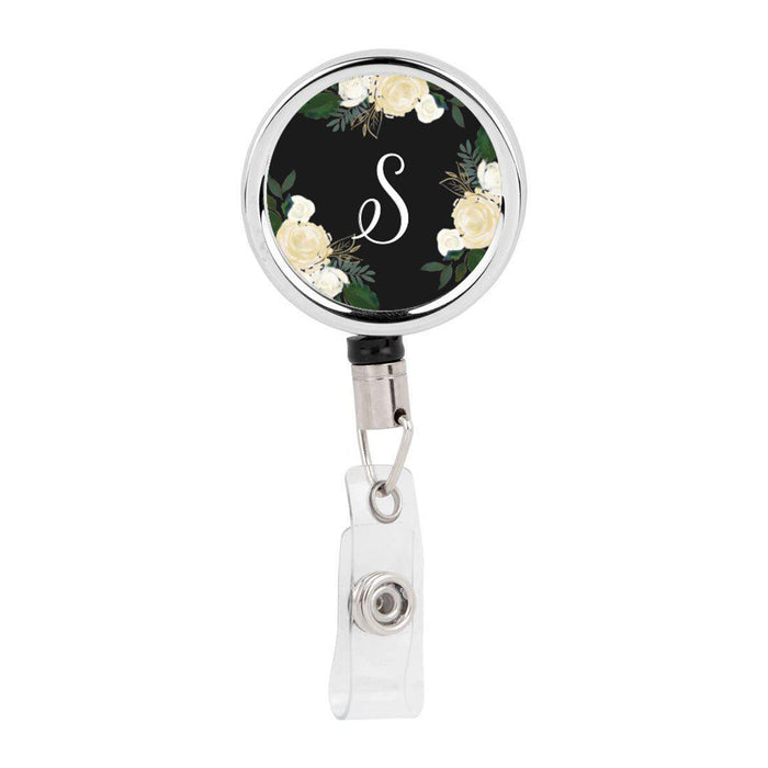 Retractable Badge Reel Holder With Clip, Monogram Ivory Cream Roses Floral-Set of 1-Andaz Press-S-