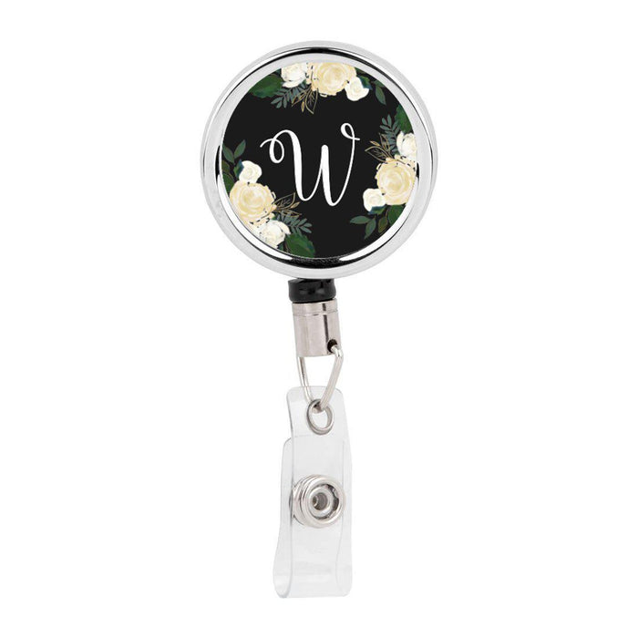 Retractable Badge Reel Holder With Clip, Monogram Ivory Cream Roses Floral-Set of 1-Andaz Press-W-