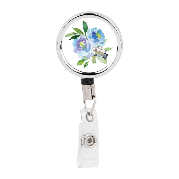 Retractable Badge Reel Holder With Clip, Pink Peonies Floral Design-Set of 1-Andaz Press-Blue Hydrangeas Flowers-