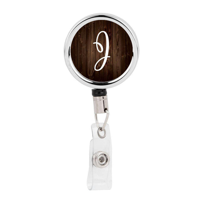 Retractable Badge Reel Holder With Clip, Rustic Wood Monogram-Set of 1-Andaz Press-J-