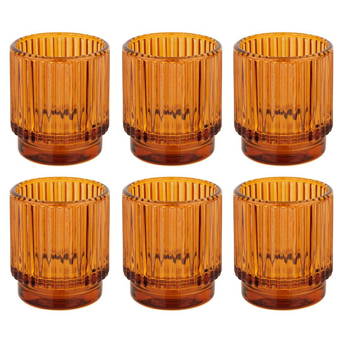 Ribbed Glass Votive Candle Holders - Aesthetic Decor & Candle Holders for Table Centerpiece, Set of 6-Set of 6-Koyal Wholesale-Amber-