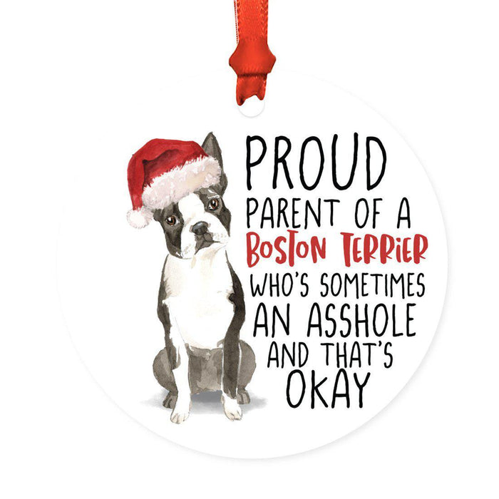 Round MDF Natural Wood Christmas Tree Ornament Dog Lover's Gift, Watercolor Design 1-Set of 1-Andaz Press-Boston Terrier-
