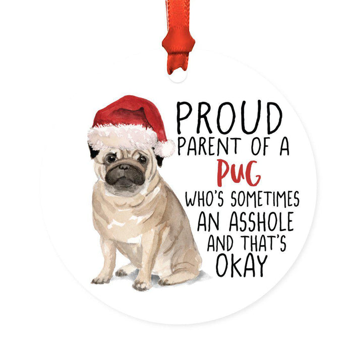 Round MDF Natural Wood Christmas Tree Ornament Dog Lover's Gift, Watercolor Design 2-Set of 1-Andaz Press-Pug-