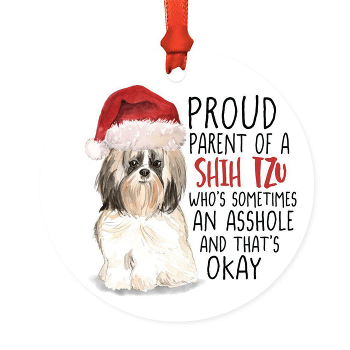 Round MDF Natural Wood Christmas Tree Ornament Dog Lover's Gift, Watercolor Design 2-Set of 1-Andaz Press-Shih Tzu Long Haired-
