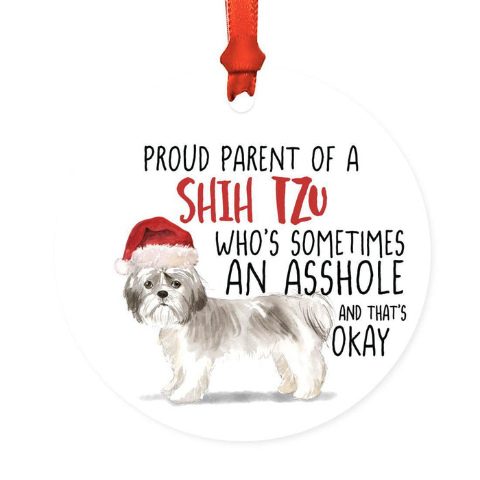 Round MDF Natural Wood Christmas Tree Ornament Dog Lover's Gift, Watercolor Design 2-Set of 1-Andaz Press-Shih Tzu Shorter Haired-
