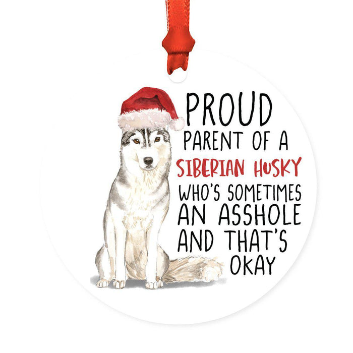 Round MDF Natural Wood Christmas Tree Ornament Dog Lover's Gift, Watercolor Design 2-Set of 1-Andaz Press-Siberian Husky-