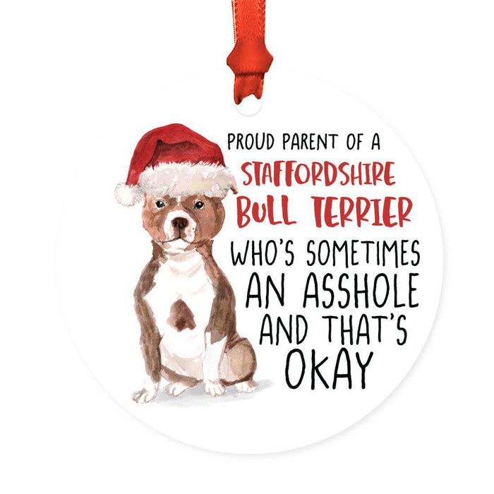 Round MDF Natural Wood Christmas Tree Ornament Dog Lover's Gift, Watercolor Design 2-Set of 1-Andaz Press-Staffordshire Bull Terrier-
