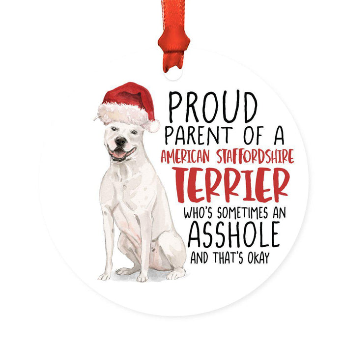 Round MDF Natural Wood Christmas Tree Ornament Dog Lover's Gift, Watercolor Design 2-Set of 1-Andaz Press-White American Staffordshire Terrier-