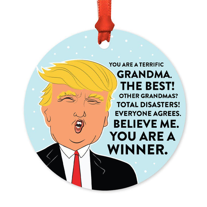 Round Natural Wood MDF Christmas Ornament, Funny President Donald Trump, Family Members MAGA Design 1-Set of 1-Andaz Press-Grandma-