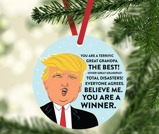 Round Natural Wood MDF Christmas Ornament, Funny President Donald Trump, Family Members MAGA Design 2-Set of 1-Andaz Press-Great Grandpa-