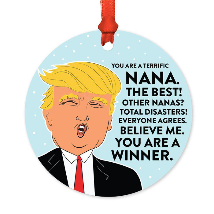 Round Natural Wood MDF Christmas Ornament, Funny President Donald Trump, Family Members MAGA Design 2-Set of 1-Andaz Press-Nana-