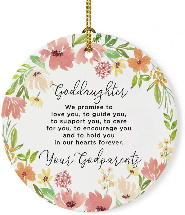 Round Porcelain Christmas Tree Ornament, Spring Floral Wreath-Set of 1-Andaz Press-Goddaughter We Promise to Guide You Love Your Godparents-