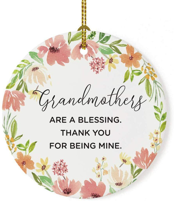 Round Porcelain Christmas Tree Ornament, Spring Floral Wreath-Set of 1-Andaz Press-Grandmothers are a Blessing, Thank You for Being Mine-
