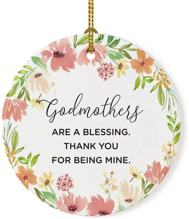 Round Porcelain Christmas Tree Ornament, Spring Floral Wreath-Set of 1-Andaz Press-Spring Floral Wreath, Godmothers are a Blessing, Thank You for Being Mine-