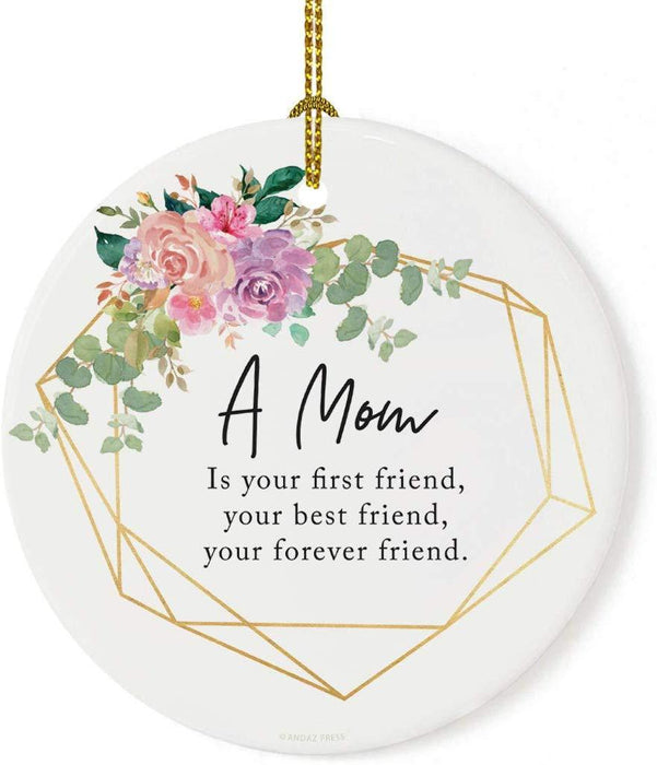 Round Porcelain Christmas Tree Ornament, Thank You-Set of 1-Andaz Press-A Mom is Your First Friend-