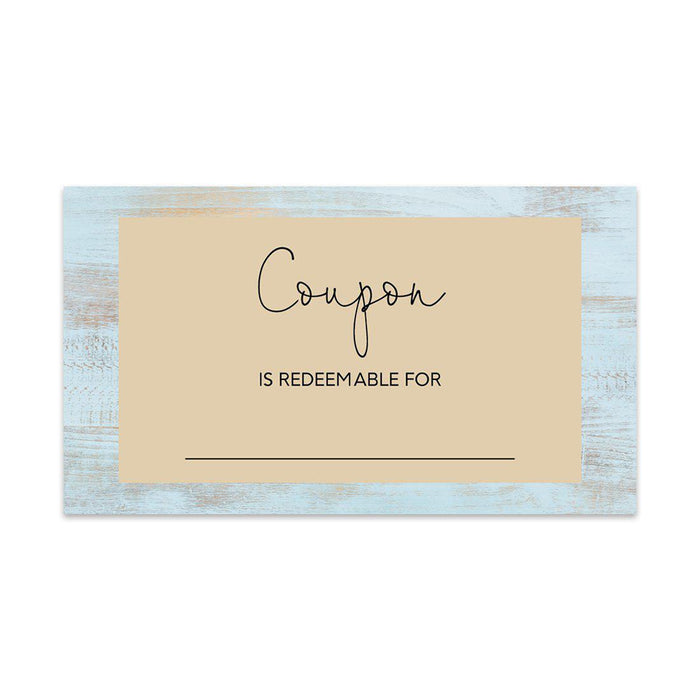 Script Blank Coupon Is Redeemable For Voucher Cards, Redeem Discount Small Business-Set of 100-Andaz Press-Light Blue Rustic Wood-