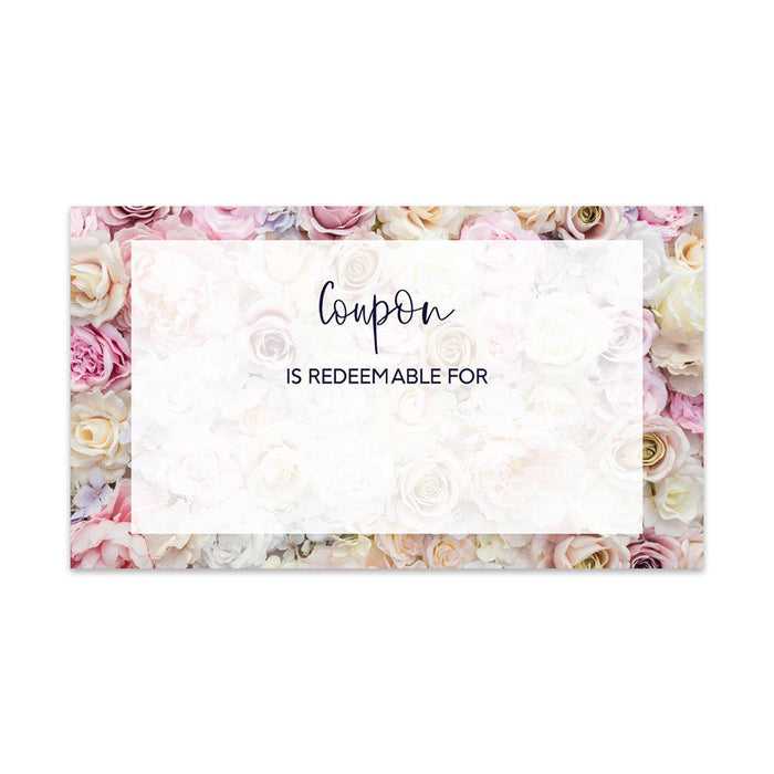 Script Blank Coupon Is Redeemable For Voucher Cards, Redeem Discount Small Business-Set of 100-Andaz Press-Pink and Neutral Roses-