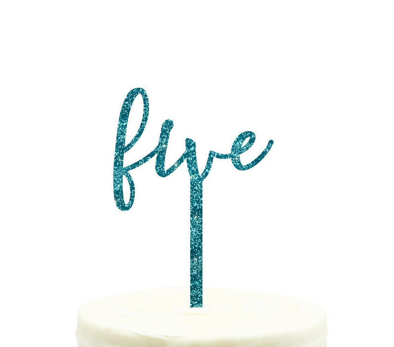 Script Number Glitter Acrylic Birthday Cake Toppers-Set of 1-Andaz Press-Aqua-Five-