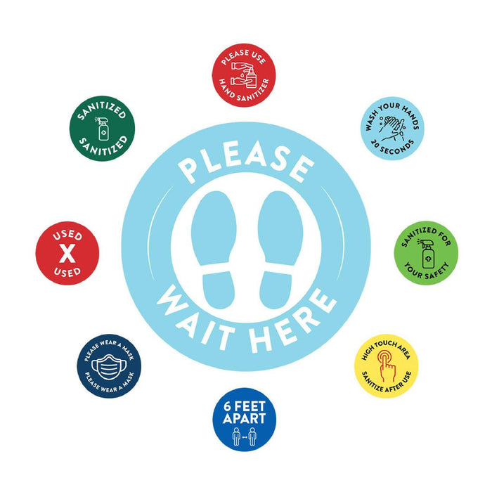 Social Distancing Round 6 Feet Apart Floor Stickers Business Signs, Vinyl Sticker Decals Part 2-Set of 50-Andaz Press-Please Wait Here Baby Blue-