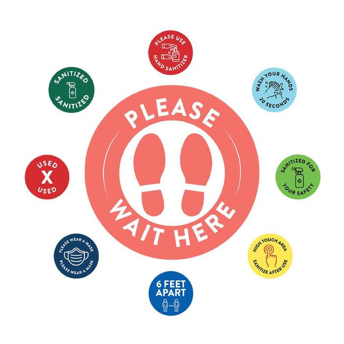 Social Distancing Round 6 Feet Apart Floor Stickers Business Signs, Vinyl Sticker Decals Part 2-Set of 50-Andaz Press-Please Wait Here Deep Coral-