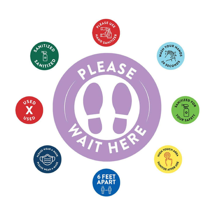 Social Distancing Round 6 Feet Apart Floor Stickers Business Signs, Vinyl Sticker Decals Part 2-Set of 50-Andaz Press-Please Wait Here Lavender-