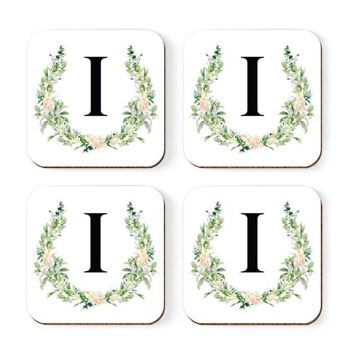 Square Coffee Drink Coasters Gift Set, Garden Green Monogram-Set of 4-Andaz Press-I-