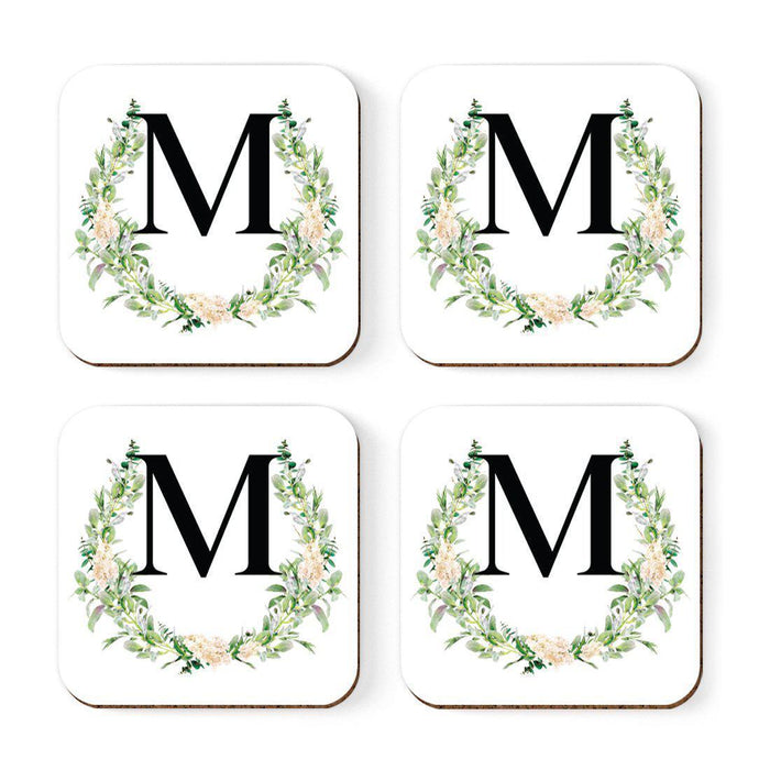 Square Coffee Drink Coasters Gift Set, Garden Green Monogram-Set of 4-Andaz Press-M-