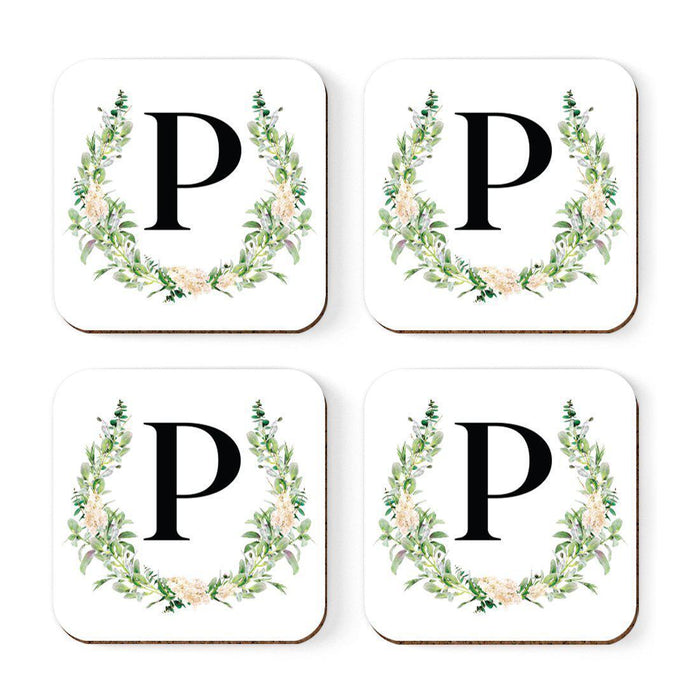 Square Coffee Drink Coasters Gift Set, Garden Green Monogram-Set of 4-Andaz Press-P-