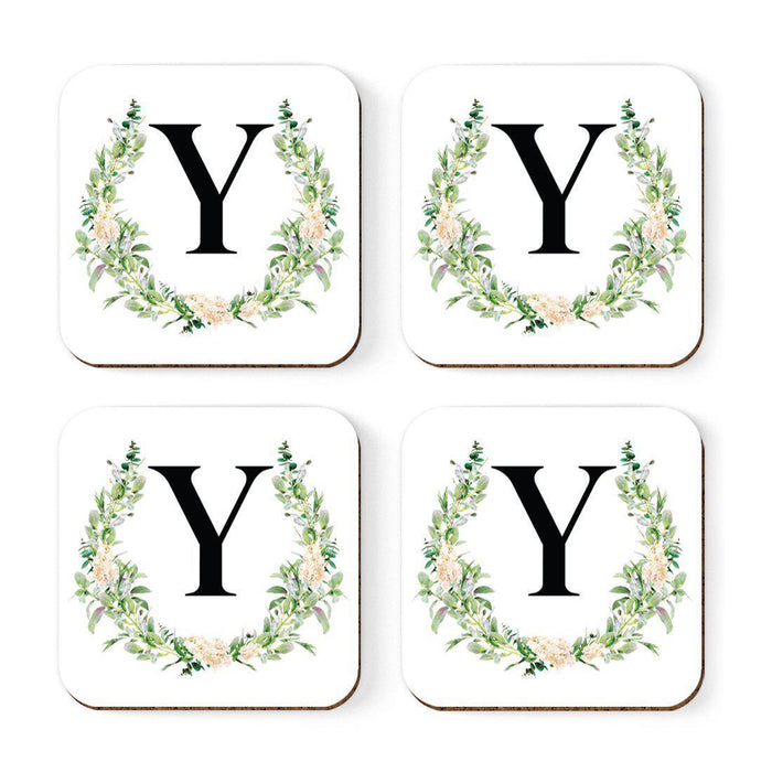 Square Coffee Drink Coasters Gift Set, Garden Green Monogram-Set of 4-Andaz Press-Y-
