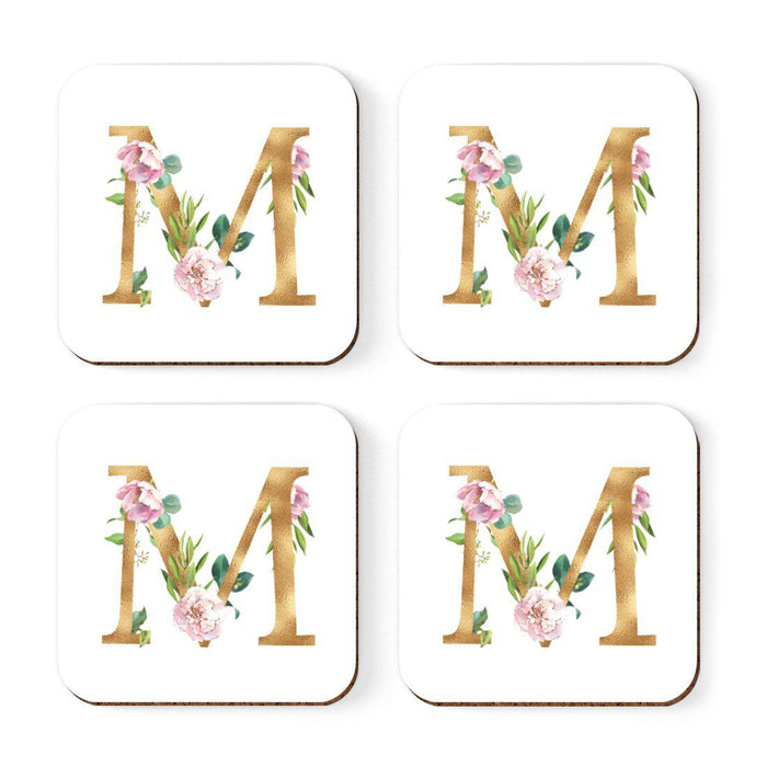 Square Coffee Drink Coasters Gift Set, Lush Bloom Monogram-Set of 4-Andaz Press-M-