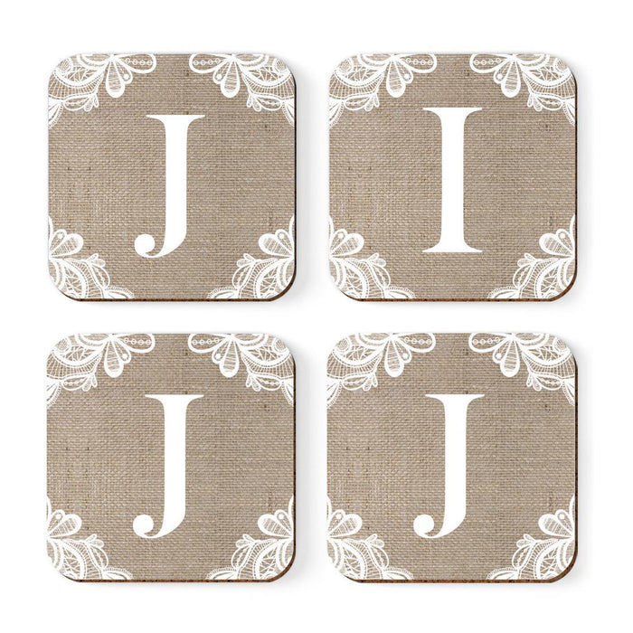 Square Coffee Drink Monogram Coasters Gift Set, Burlap Lace-Set of 4-Andaz Press-J-