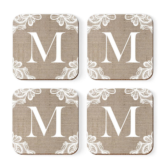 Square Coffee Drink Monogram Coasters Gift Set, Burlap Lace-Set of 4-Andaz Press-M-