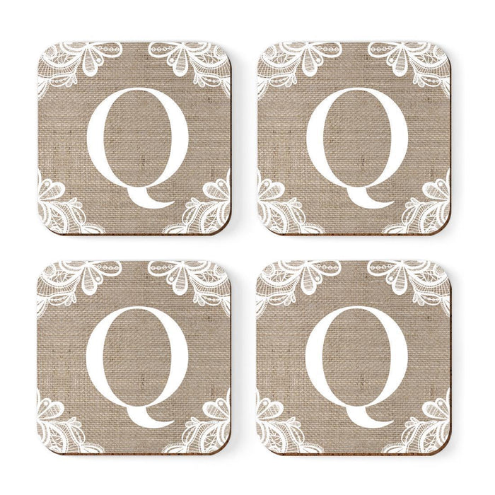 Square Coffee Drink Monogram Coasters Gift Set, Burlap Lace-Set of 4-Andaz Press-Q-