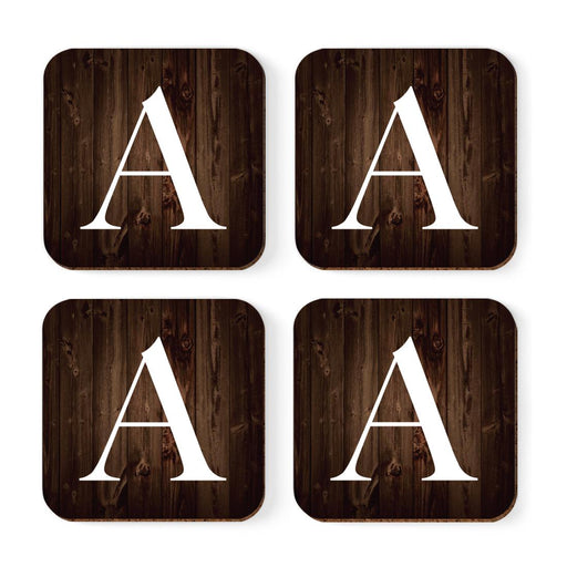 Square Coffee Drink Monogram Coasters Gift Set, Dark Brown Rustic Wood-Set of 4-Andaz Press-A-