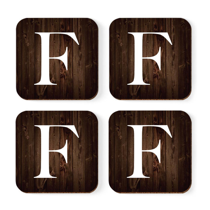 Square Coffee Drink Monogram Coasters Gift Set, Dark Brown Rustic Wood-Set of 4-Andaz Press-F-